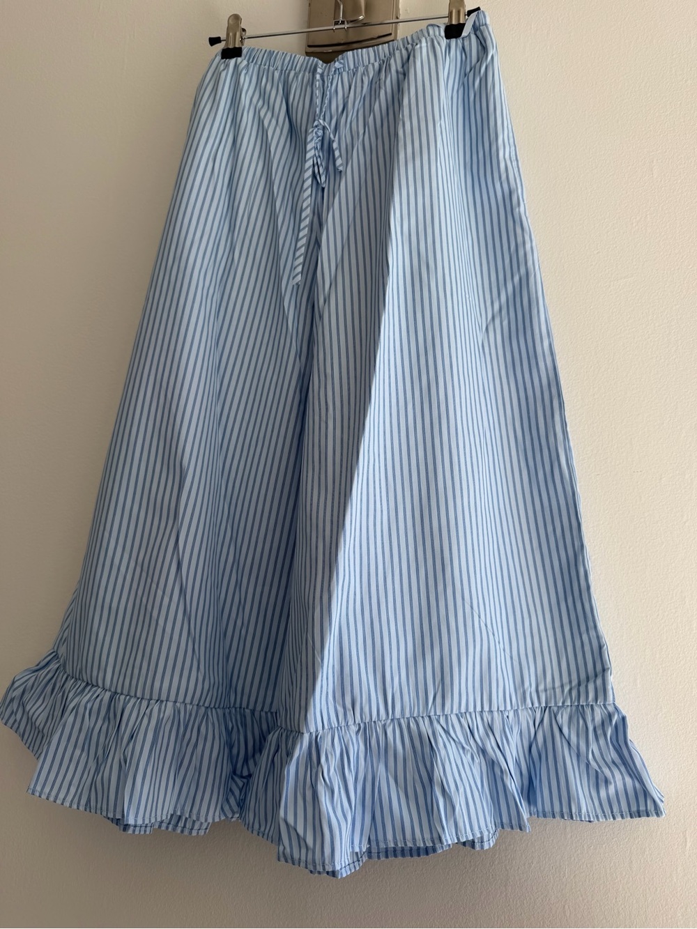 Women's Light Blue Striped Ruffle Hem pants